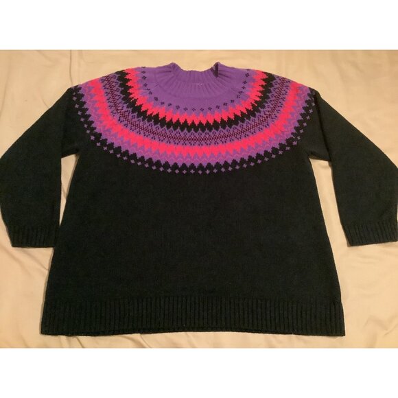 Fashion Bug 1X Black Sweater With Purple & Pink Fair Isle Yoke 100% Acrylic Knit - Picture 1 of 10